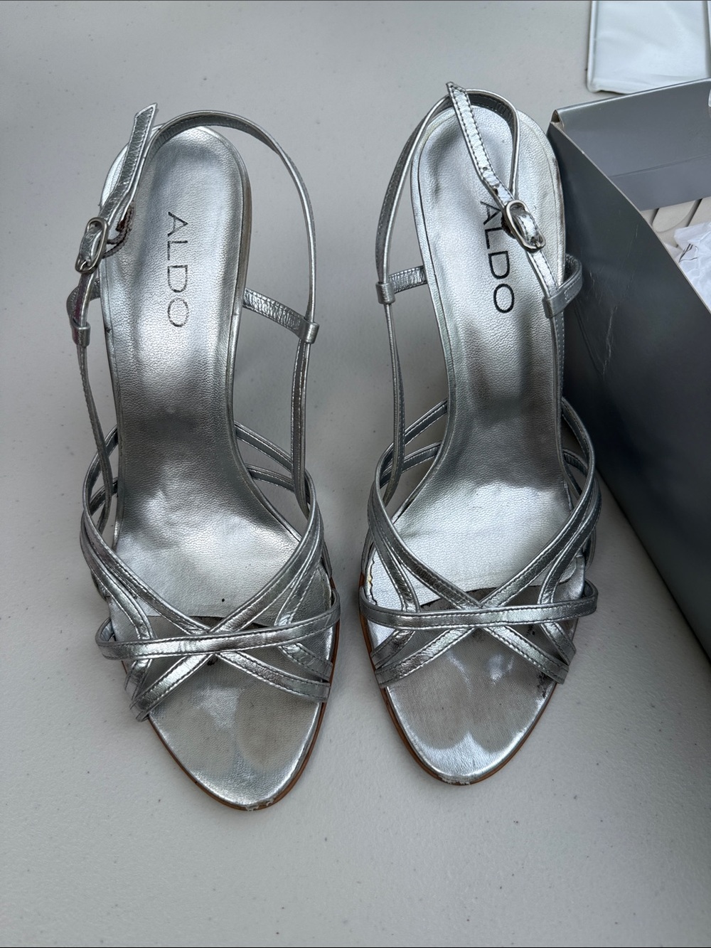 ALDO Metallic Silver Strappy Slingback Heels